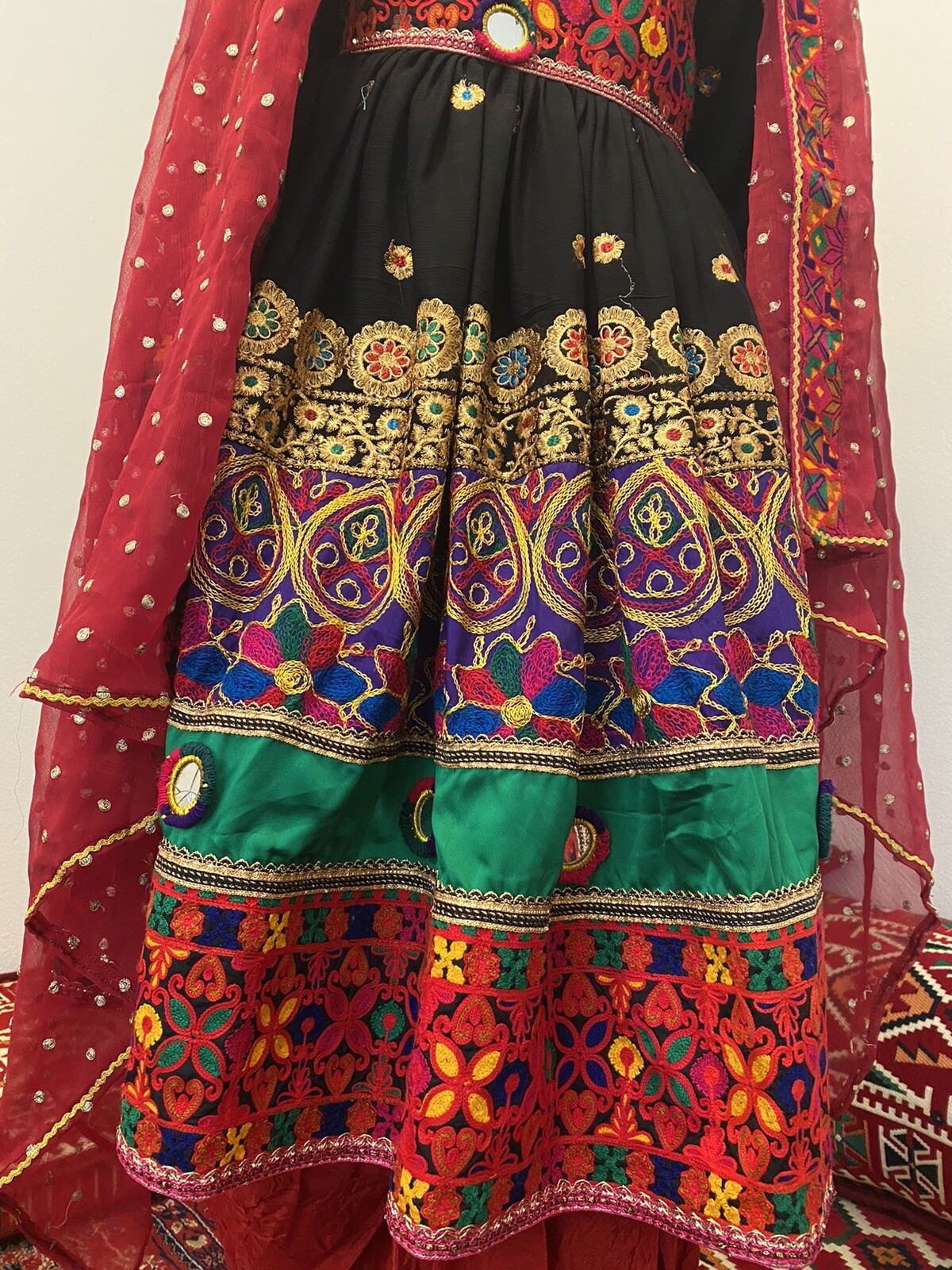 Afghan Black Dress With Red Pant And Red Scarf Large Size