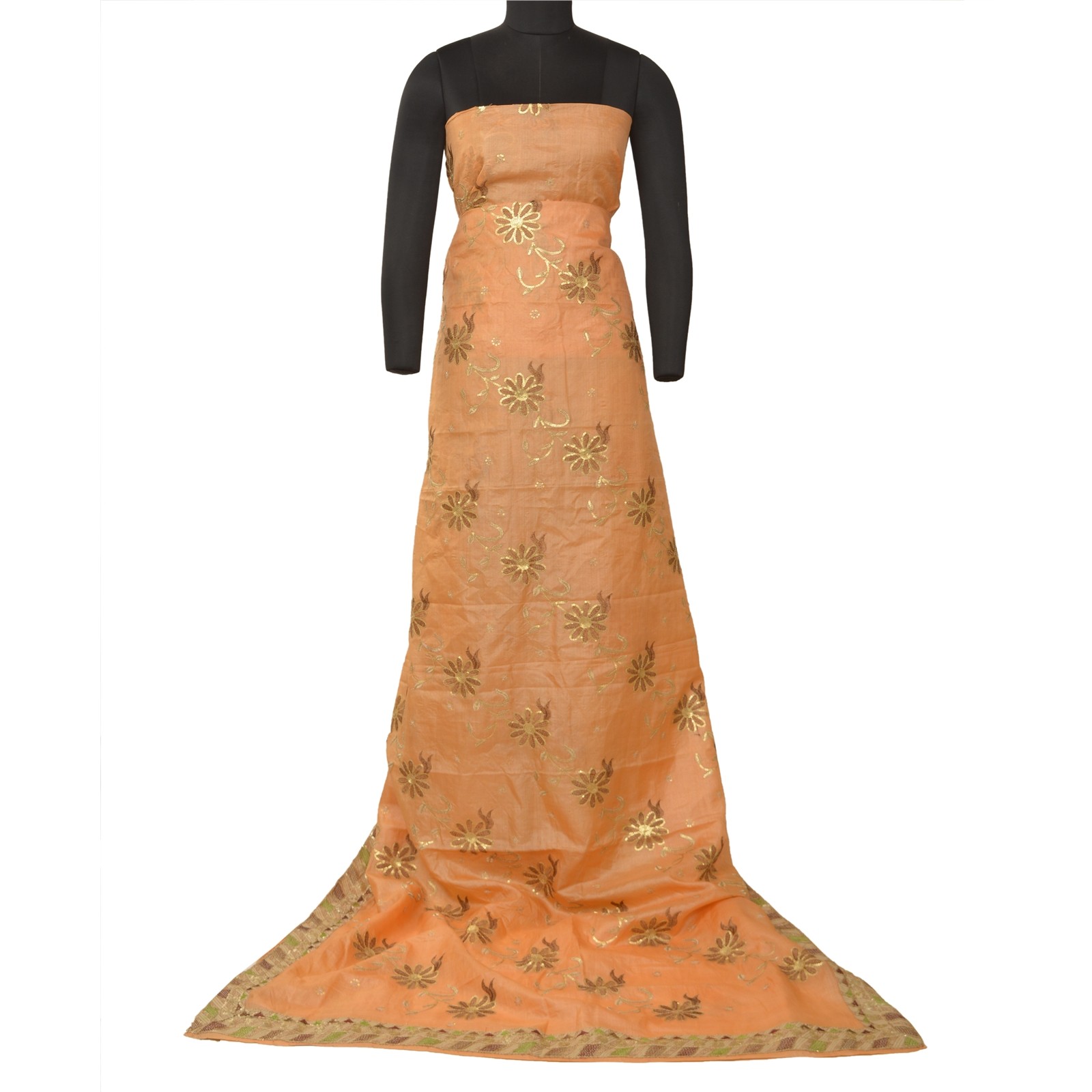Sanskriti Vintage Peach Sarees Pure Silk Embroidered Premium Sari Craft Fabric