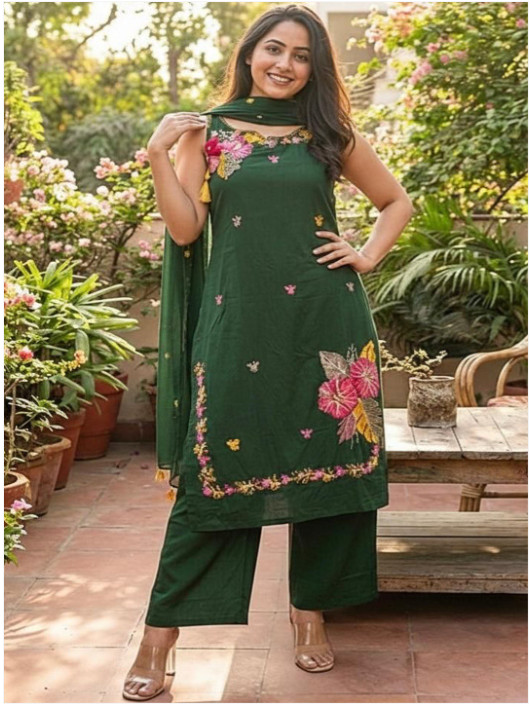 Women’s Sleeveless Cotton Kurti Pant Dupatta Set Indian Wedding Wear Kurta Set