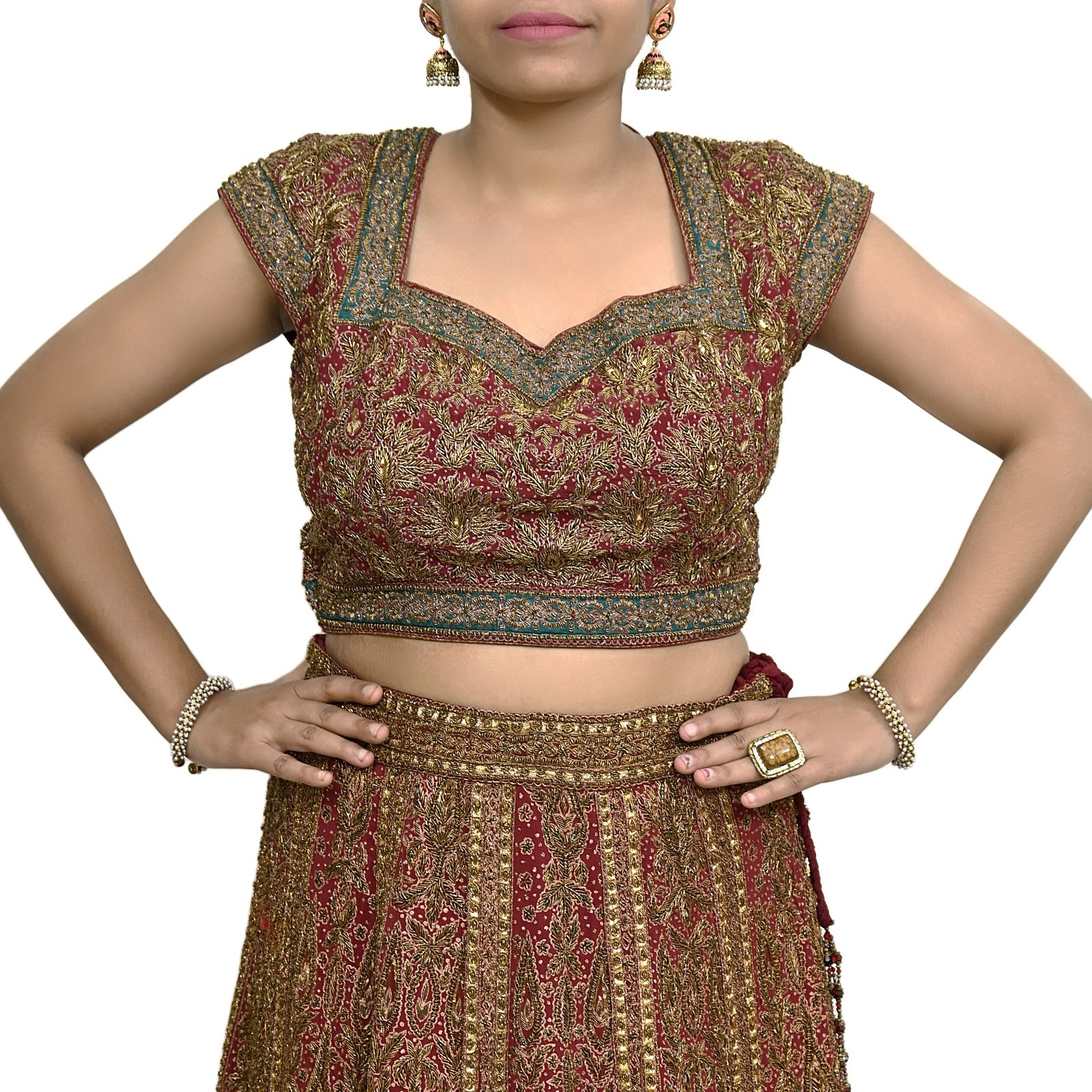 Pre-owned Maroon Pure Silk Hand Embroidered Ritu Kumar Designer Lehenga 3pcs set