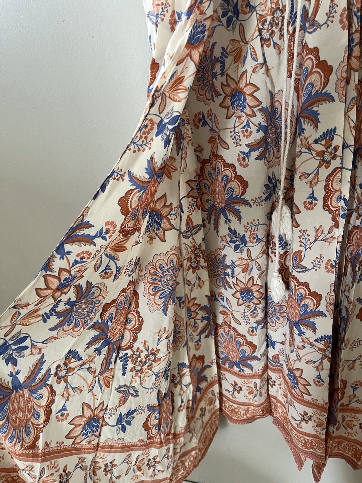 Ces Femme Kimono Wrap Duster Coral Blue Ivory Floral Paisley Cover Tied Long