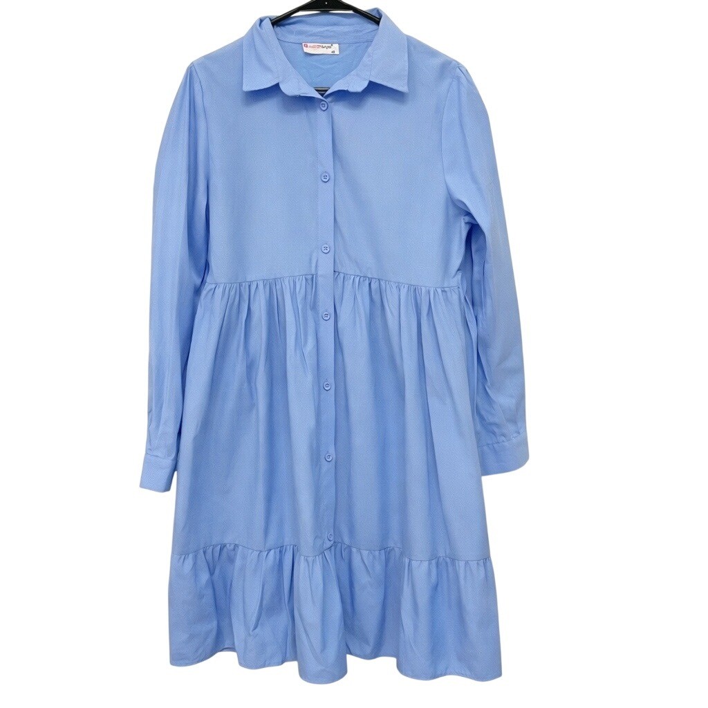 Tesettur Dunyasi Blue Poplin Shirt Dress Modest Button Front Long Sleeve