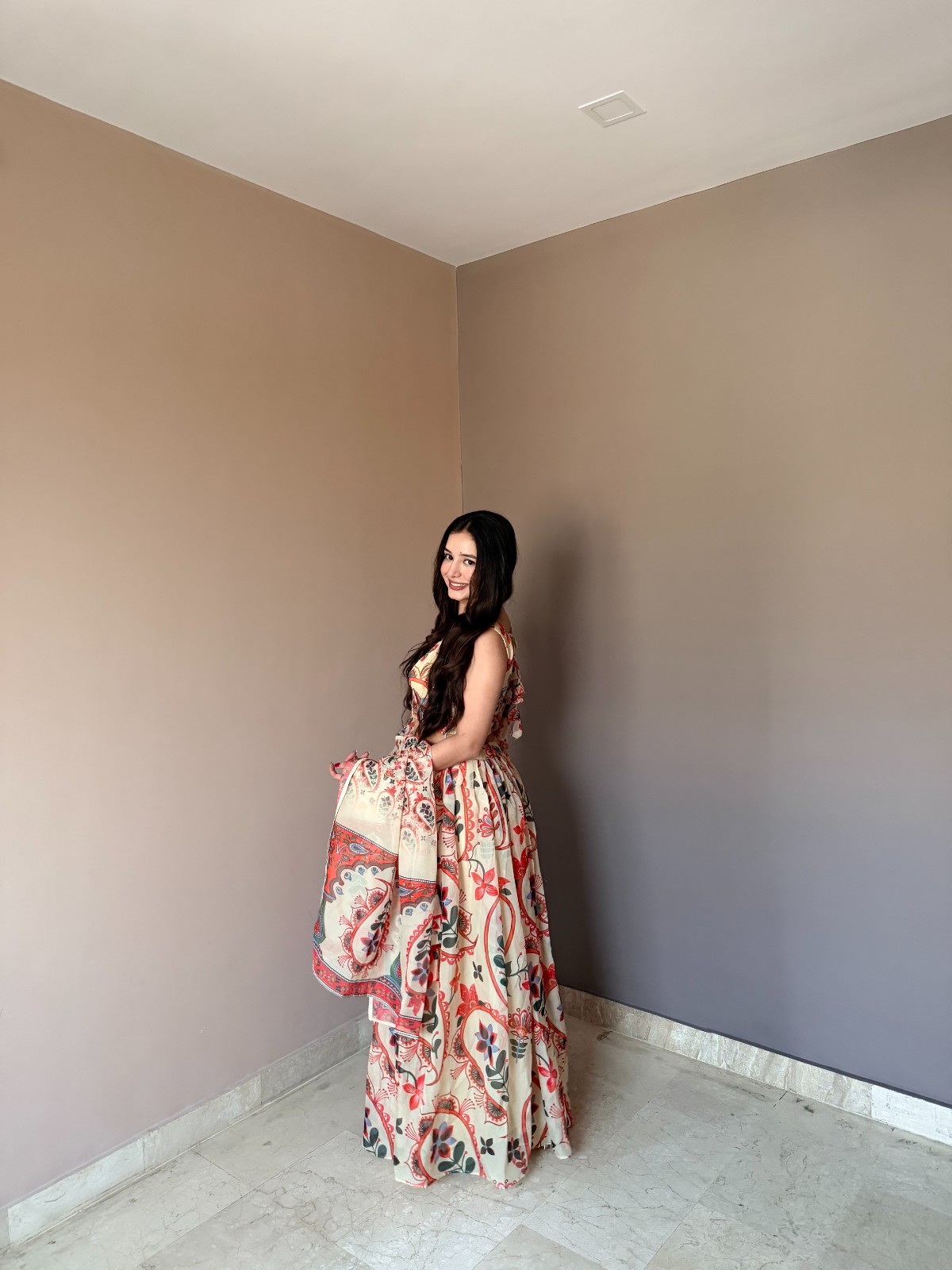 Pure Organza Floral Printed Lehenga Choli Set Intricate Hand Work Sleeveless