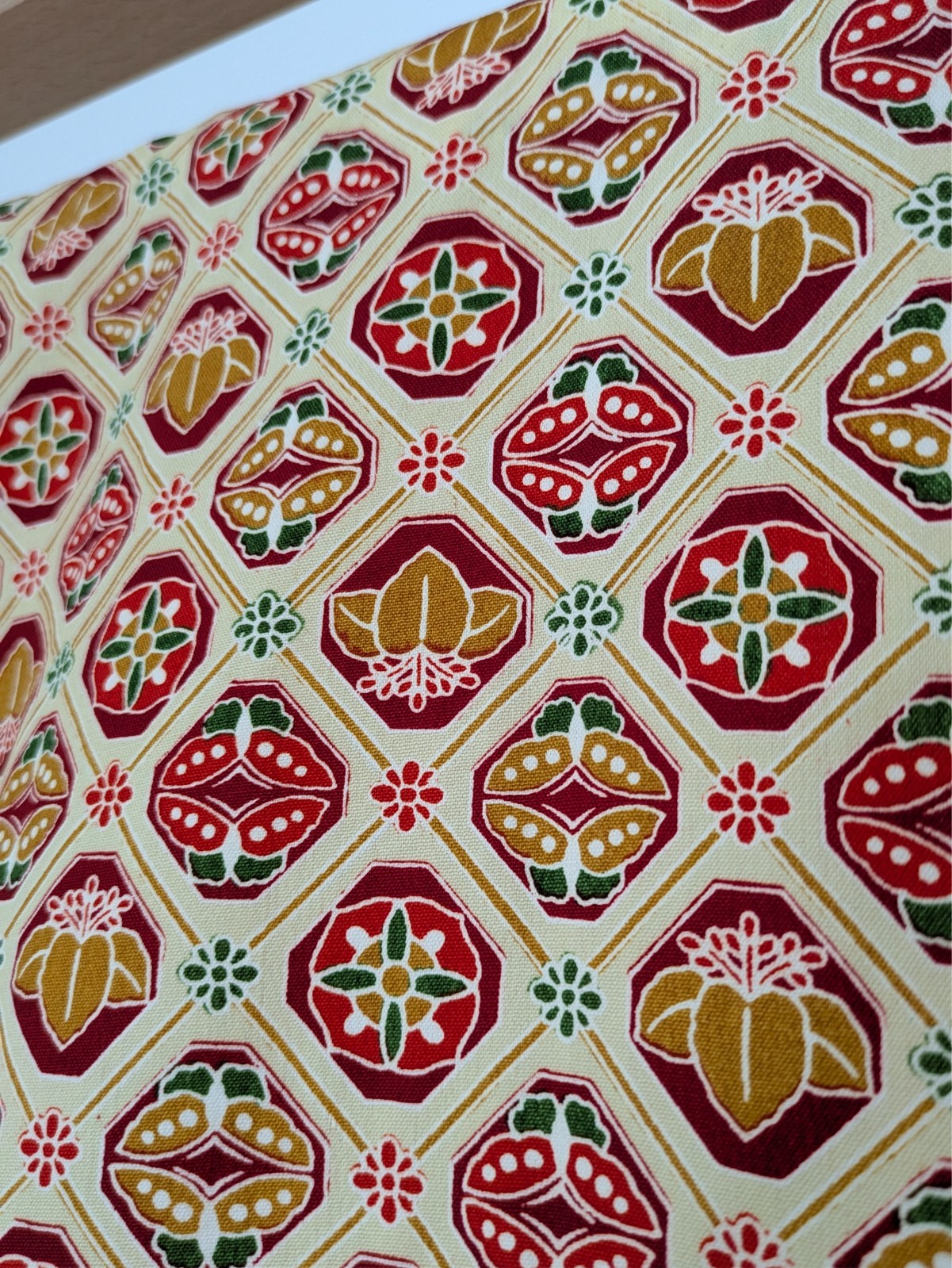 Vintage Japanese Kimono Robe Wool Hitoe Red Beige Geometric Floral Textile Art