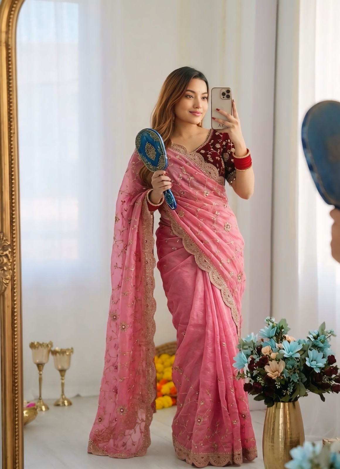Cherry Red & Baby Pink Organza Saree With Designer Embroidered Blouse