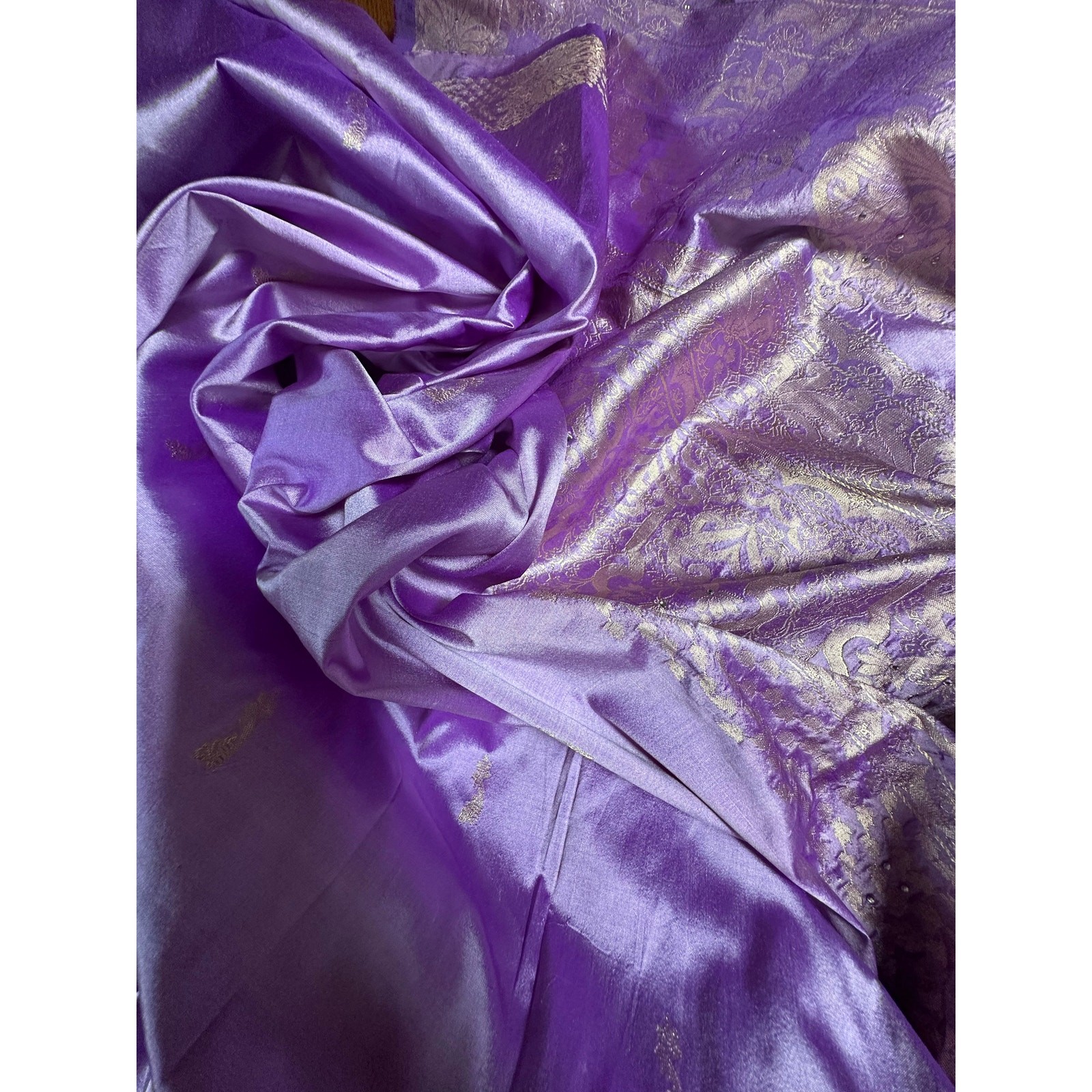 Silk saree lavender gold Paisley brocade 204×46” sari stunning luxurious