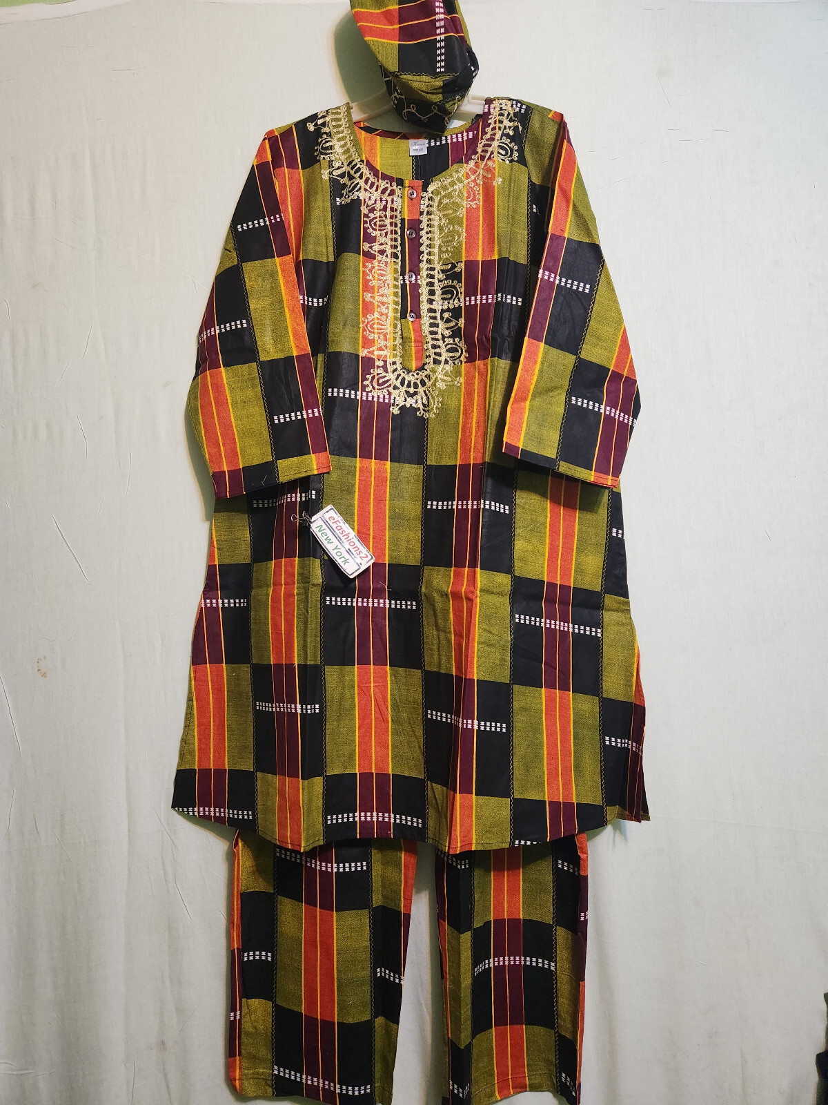 African Kente Cloth Print 3Pcs Pant Set For Men With Cap Free Size