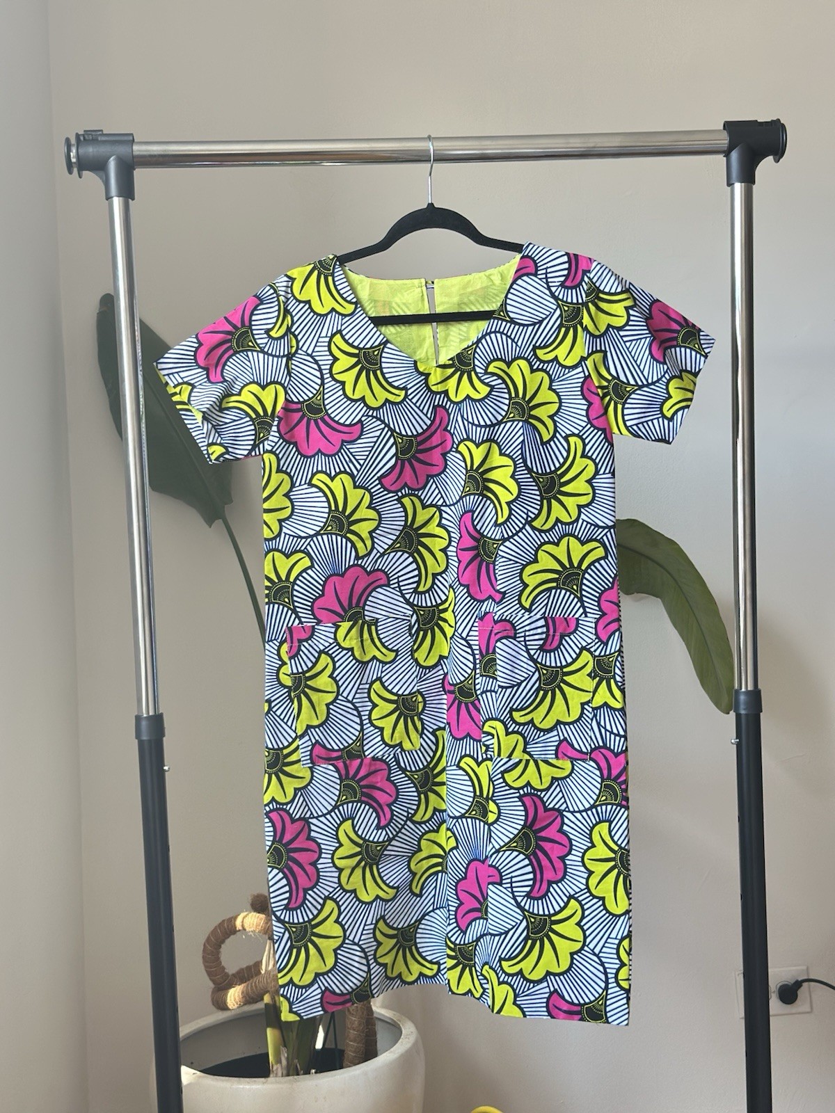 Handmade African Dashiki Cotton Dress Yellow Pink Black White Floral for Women