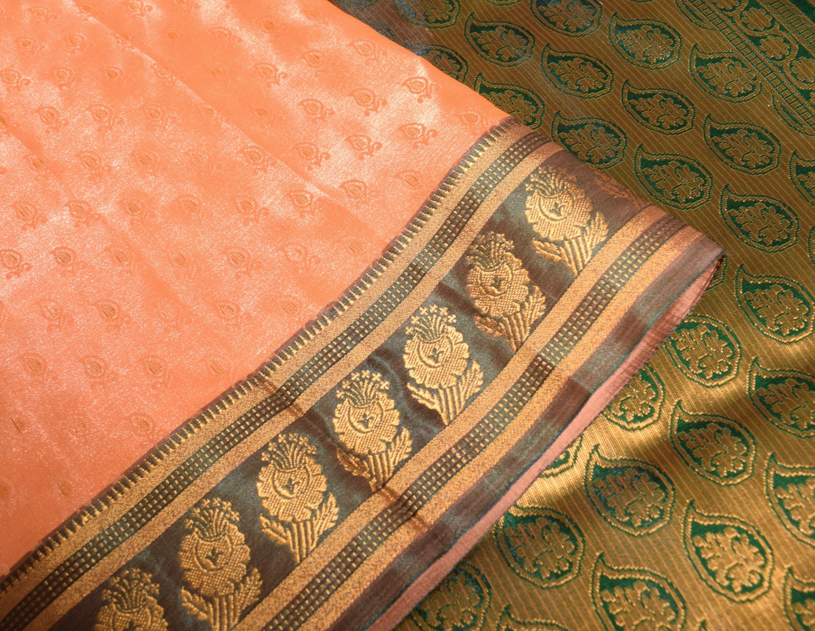Indian Art Silk Sari Woven Zari & Self Brocade Wedding Saree Fabric Orangish Pea