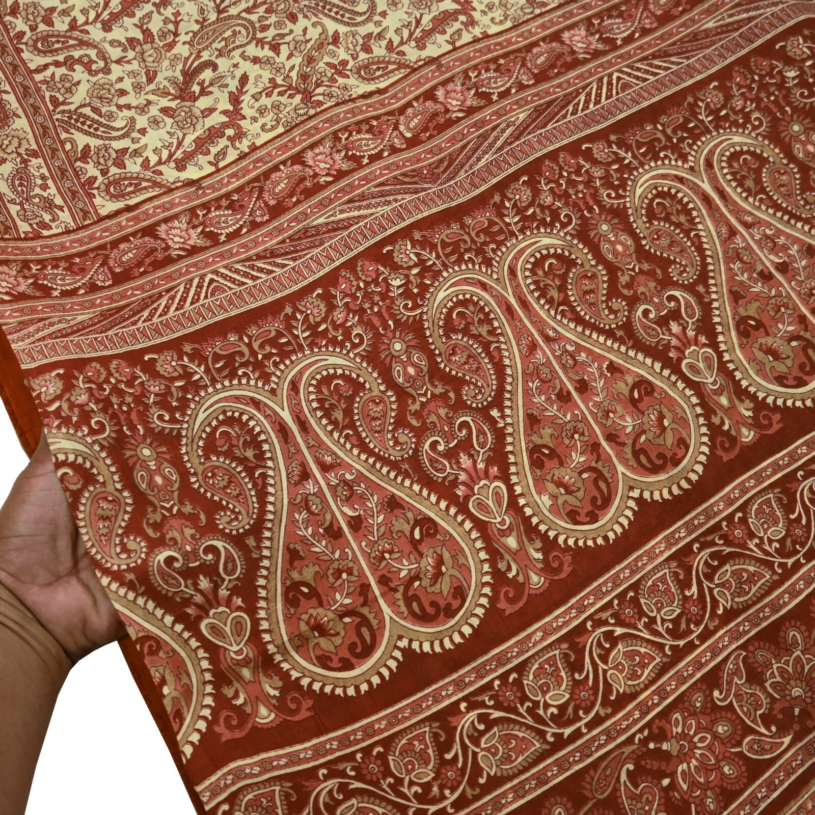 Indian Vintage Sari Brown & Ivory Pure Silk Printed Sarees Craft Fabric 6yd