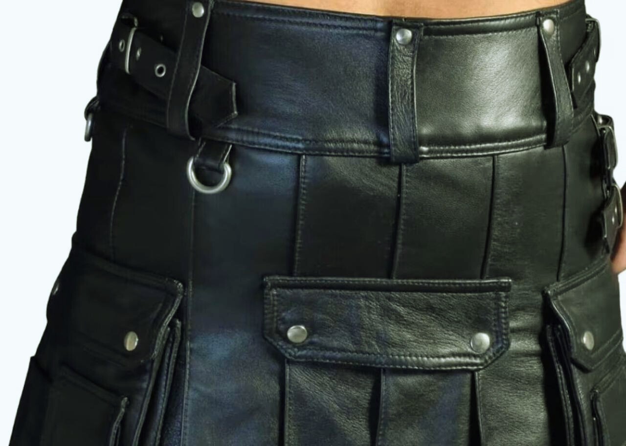 Scottish Handmade Real Cow Leather Kilt Utility Kilt For Men (28″ to 50″)
