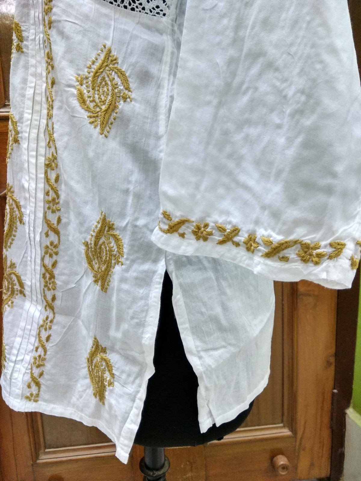 HANDMADE KURTI BLOUSE L 42″ TUNIC TOP KURTA ETHNIC 100% COTTON CHIKAN EMBROIDERY