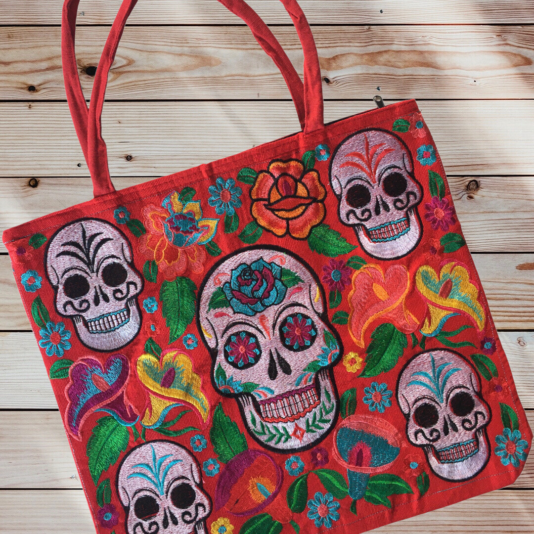 Handmade Mexican Sugar Skull Embroidered Tote Bag – Women’s Purses & Handbags
