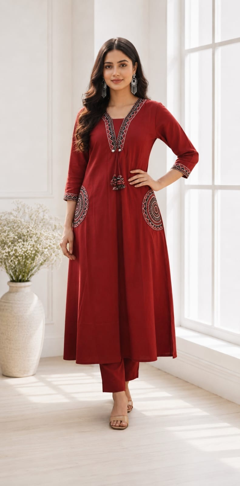 Ethnic motifs Thread work Cotton Kurta with Palazzo. Colour – Blue/Yellow/Red