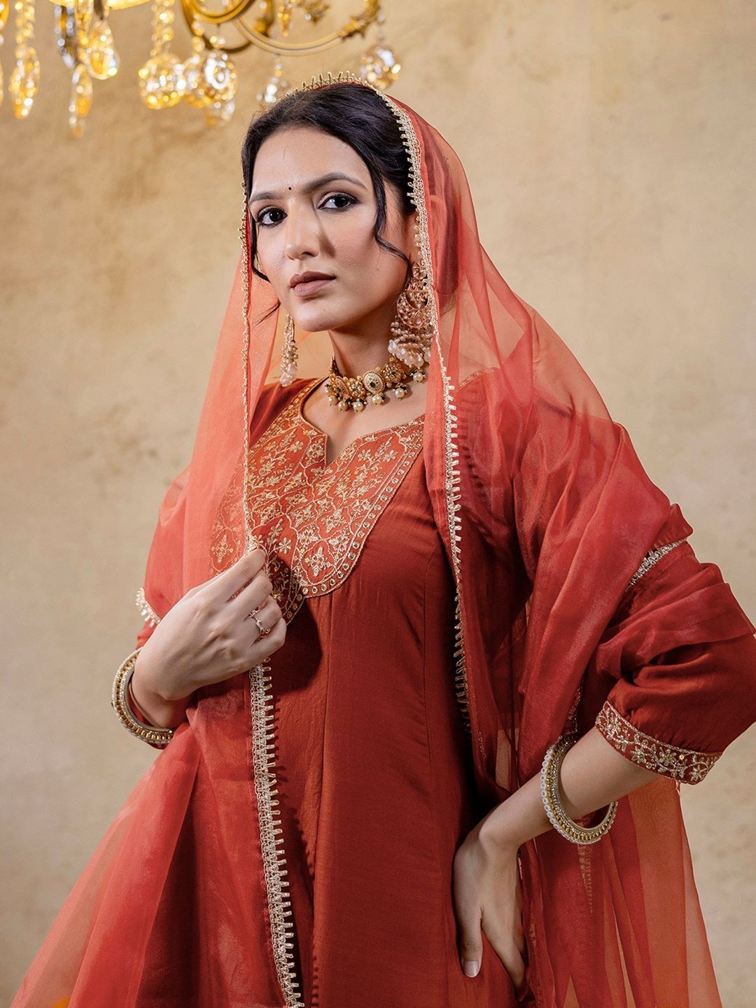 Women Rust Orange Anarkali Kurta Set with Dupatta | Embroidered Ethnic Suit |