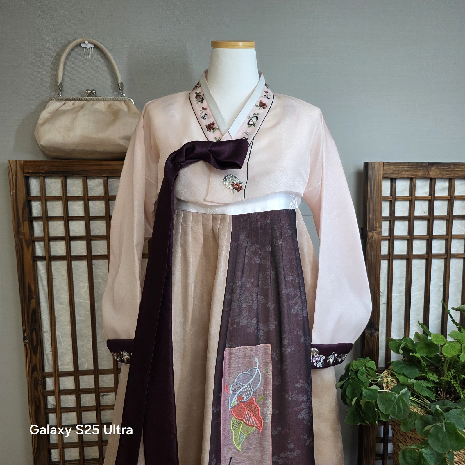 Korean Women Hanbok Set Blush Pink Jeogori Deep Plum Chima Embroidery Full Set
