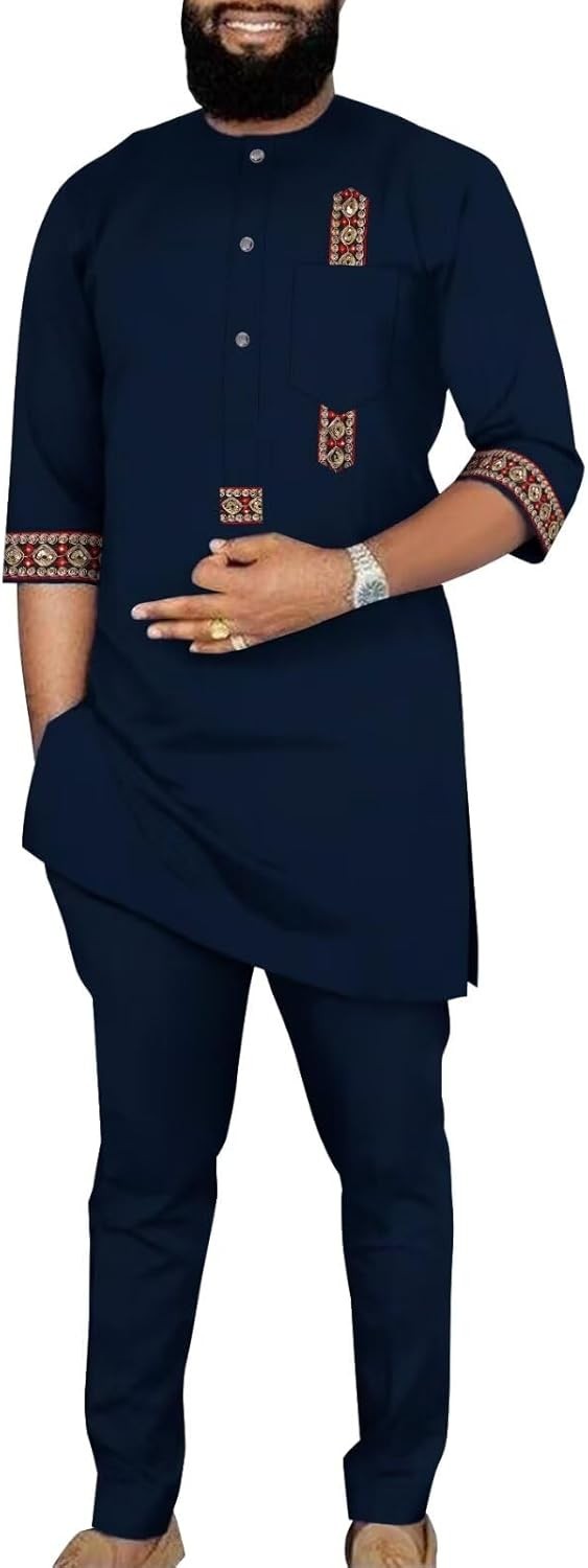 2 Piece Dashiki Oufits Mens African Formal Attire 3/4 Sleeve