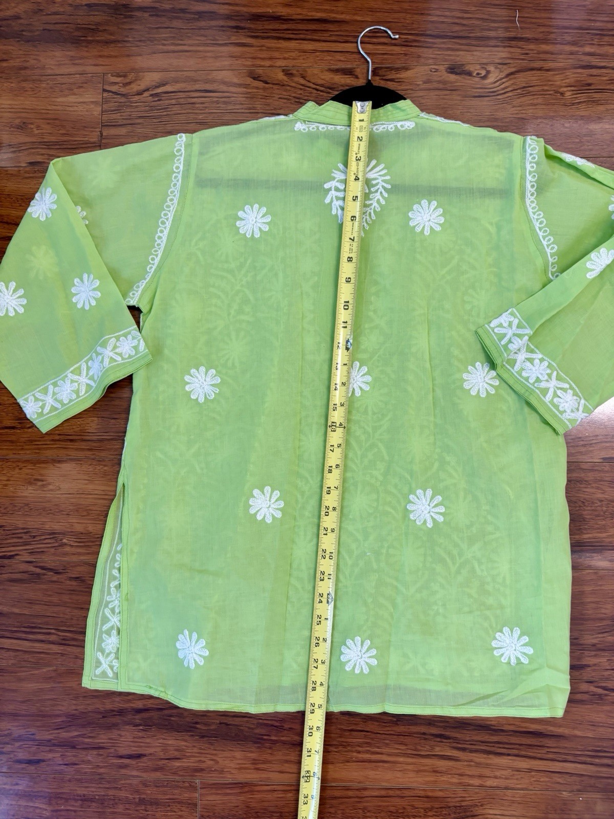 Women s Green Embroidered Cotton Kurta/Kurti Tunic Top, Size 44