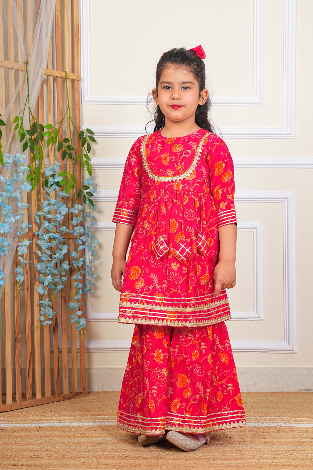 Indian Pakistani Kids Girl Cotton Floral Printed Gota Work Kurti with Sharara