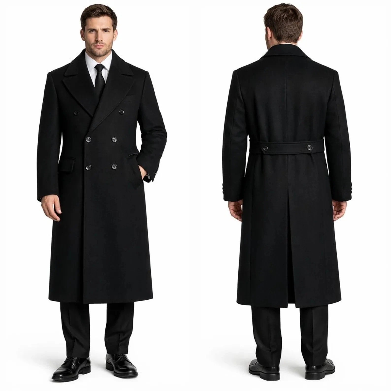 Black Wool Long Overcoat Vintage Double Breasted trench coat
