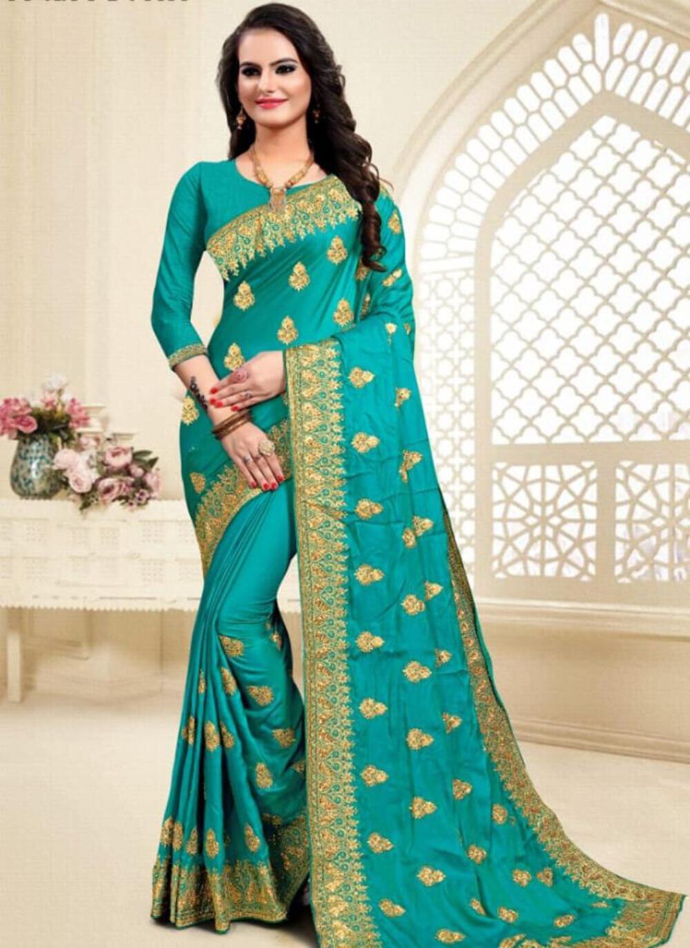 Sky Blue Satin Silk Traditional Saree with Stone Work