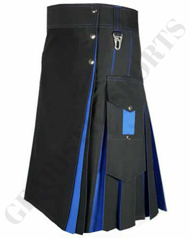 Scottish Black & Blue Hybrid Fashion Kilt Utility Kilts For Men Size 28″ to 50″
