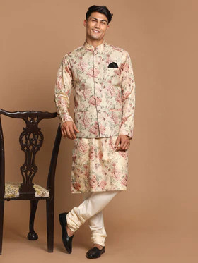 Beige Printed Nehru Jacket And kurta With Cream Solid Pyjama Set