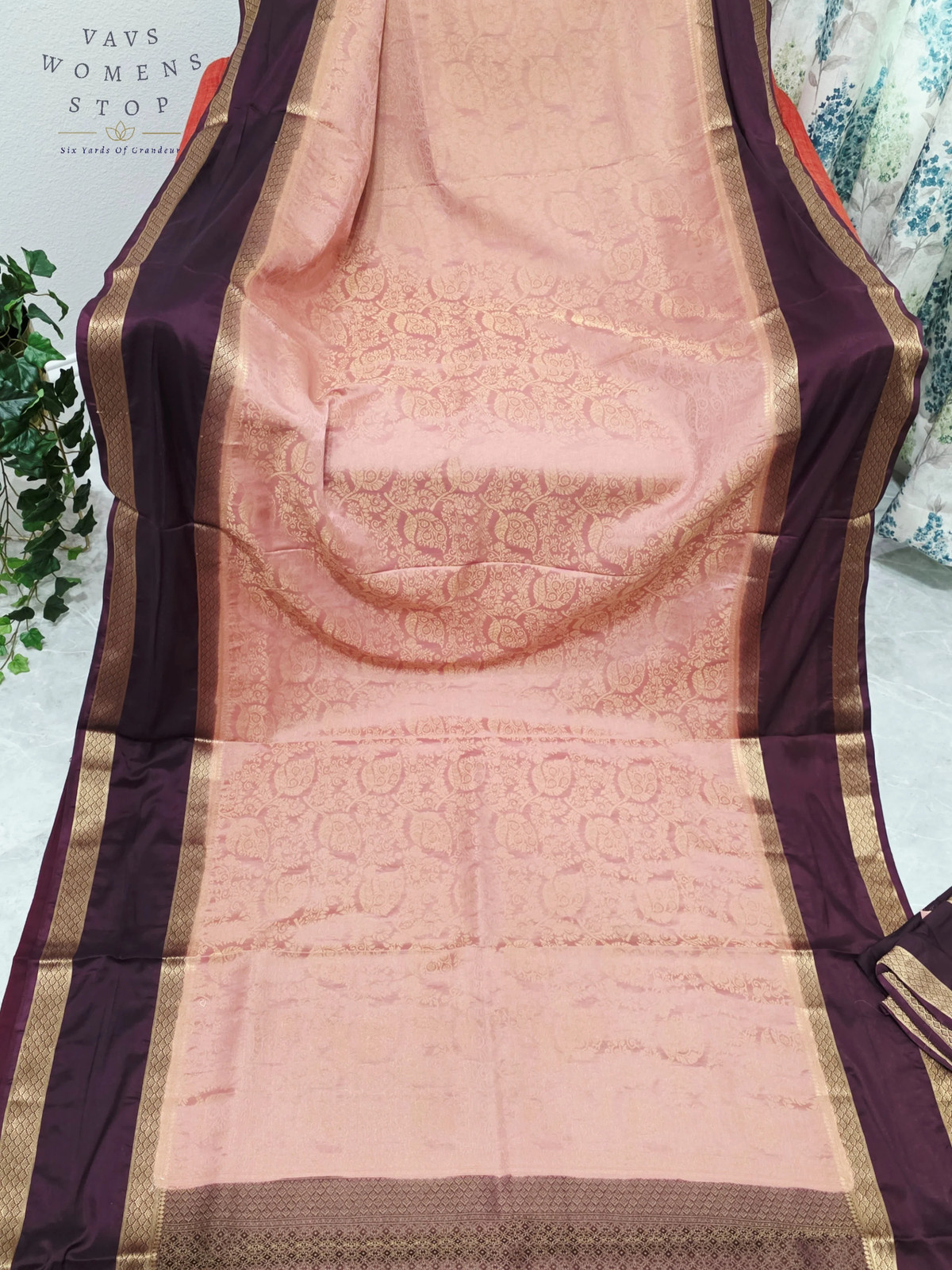 Blush Peach Aubergine Purple Semi Mysore Crepe Silk Saree Gold Zari Border