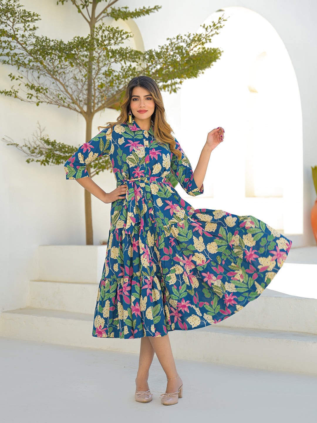 Blue Cotton Shirt Collar Plus Size Midi Dress for Women Casual Flowy Dress 7xl