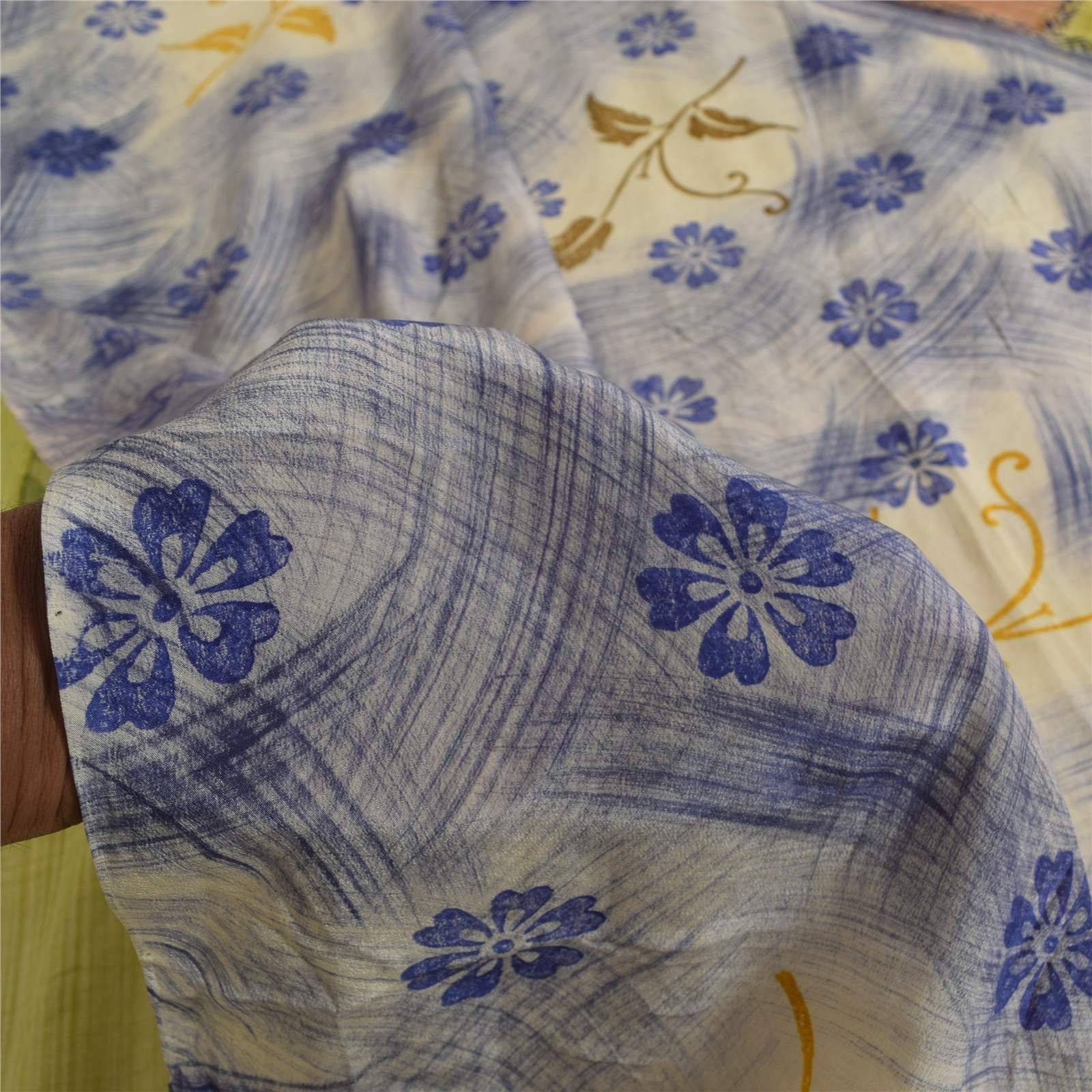 Sanskriti Vintage Saree Multicolor Pure Crepe Silk Print Sari 5.5Yd Craft Fabric