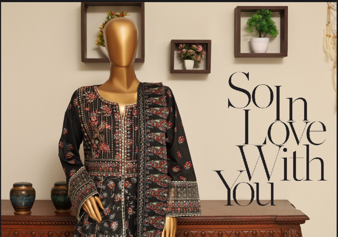 Black Pakistani Cotton Salwar Kameez with Floral Embroidery & Dupatta for Women