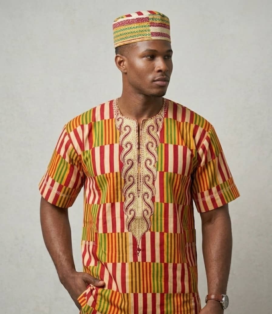 Men’s lightweight Kente Print Kaftan/Dashiki With Kufi Cap.