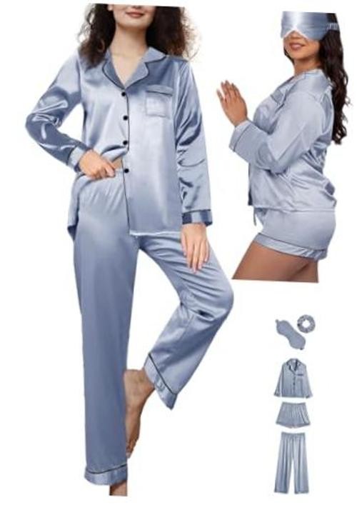 5Pcs XS-XXL Womens Silk Satin Pajamas Sets Long Pj Sets Medium Dusty Blue-c