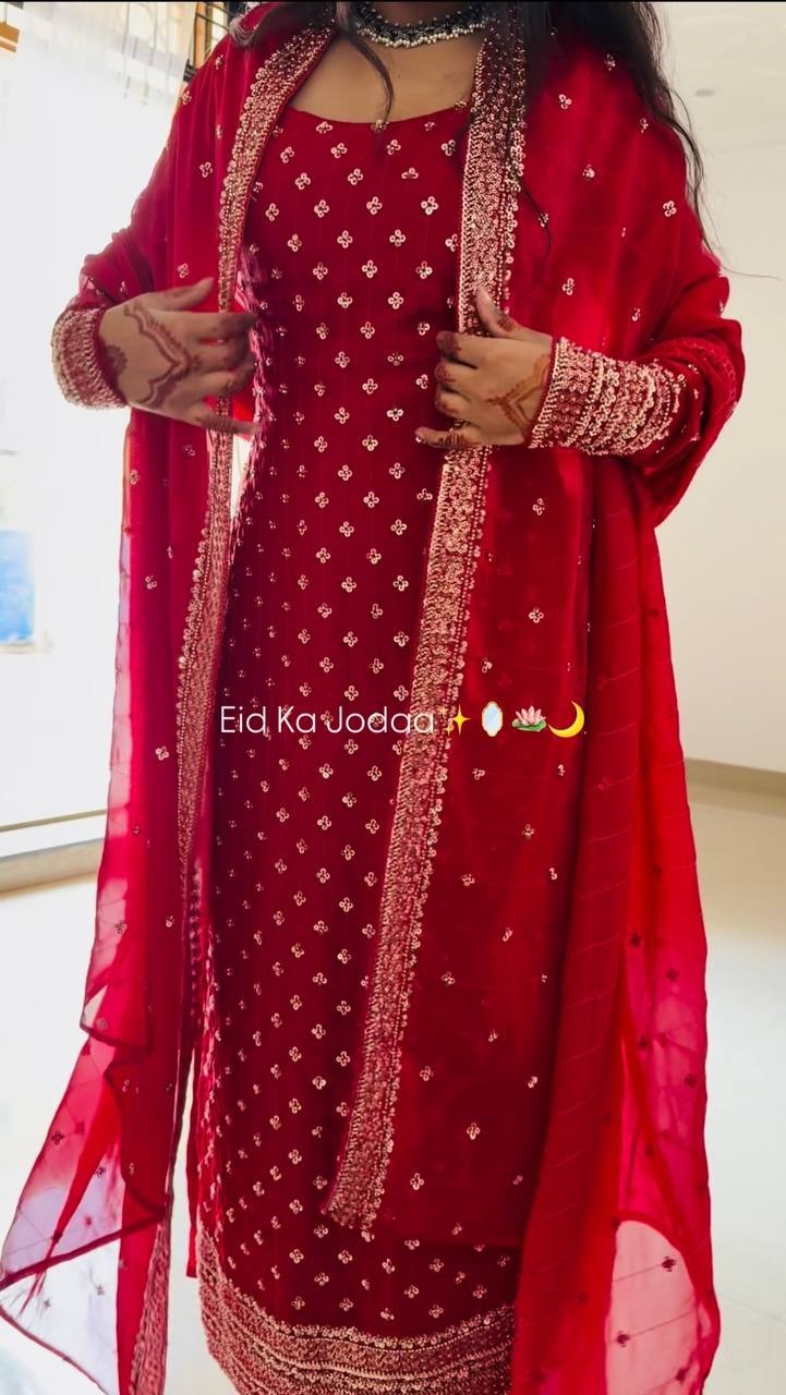 Stylish Look Heavy Silk Red Salwar Kameez With Dupatta For Festival Wear