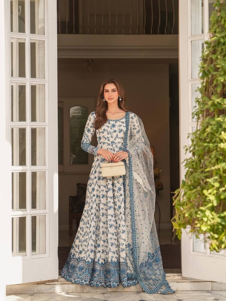 Stunning Look White Faux Georgette Gown Bottom With Dupatta For Women Wear