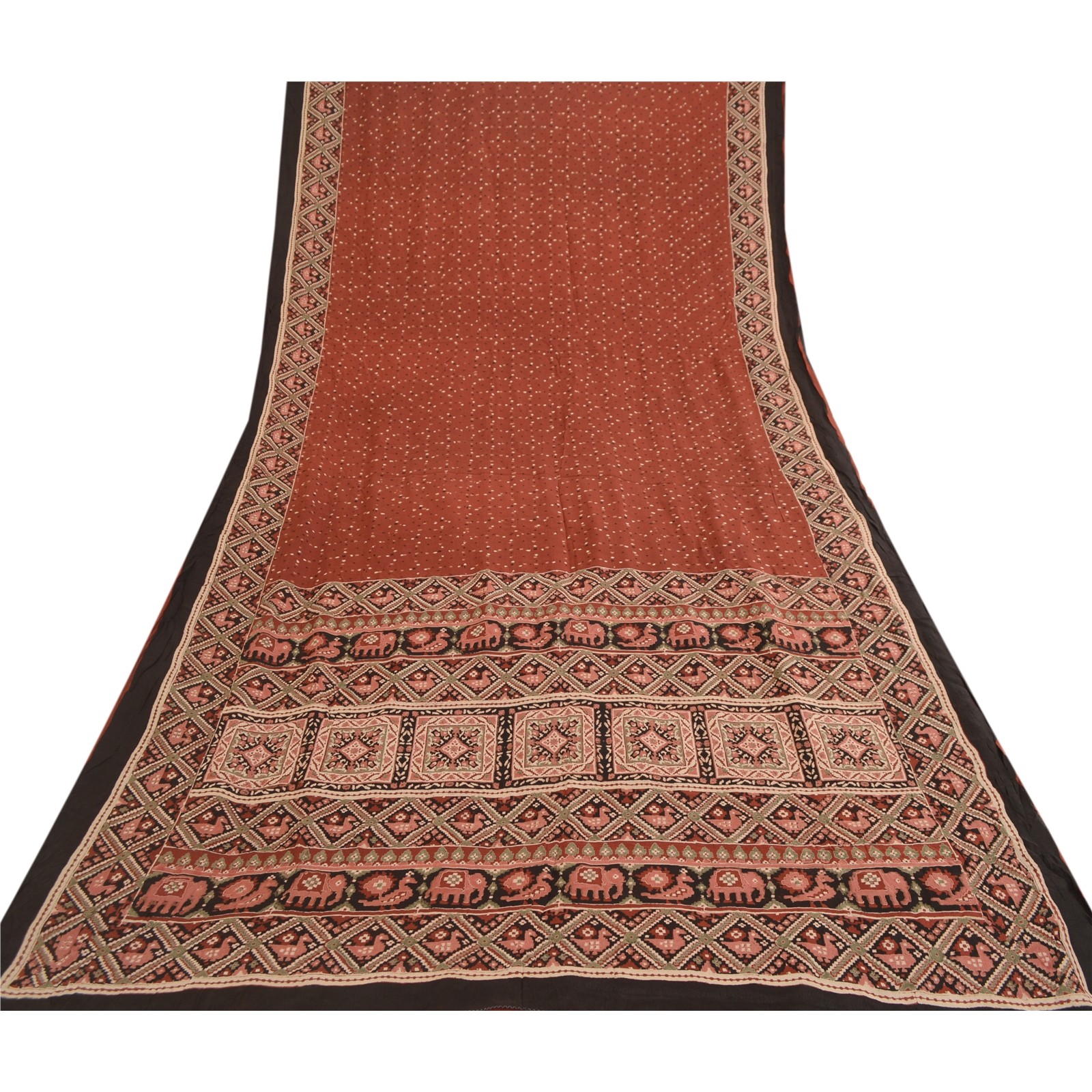 Sanskriti Vintage Sarees Coffee-Brown Animal Print Pure Silk Sari 6 Yard Fabric