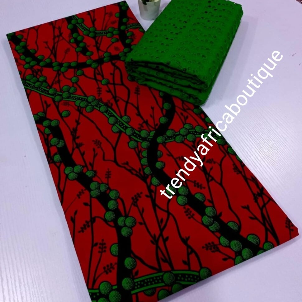 Green dry lace 2yds & matching African Ankara Wax Print, 100% Cotton 3yd.