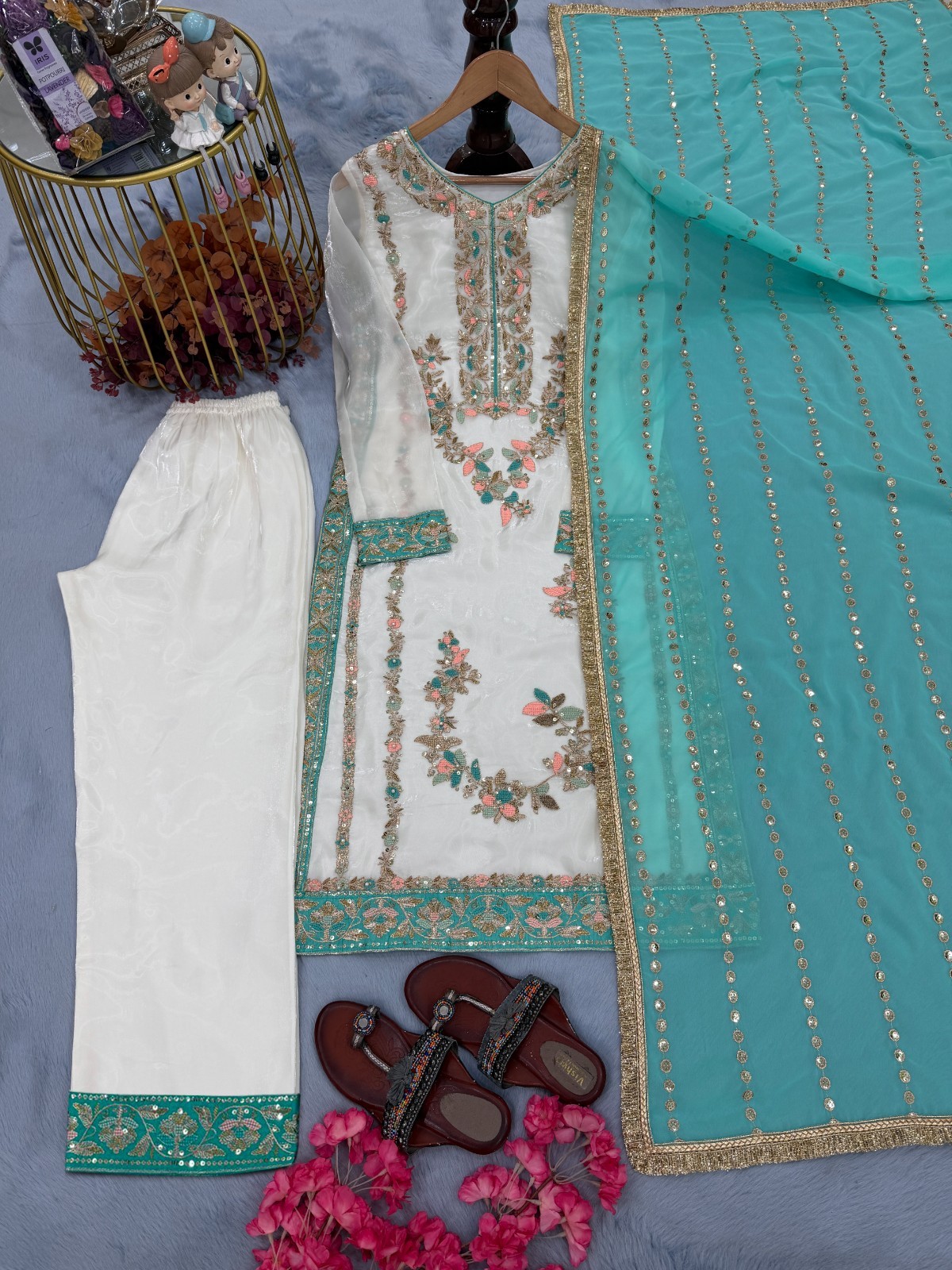 Readymade Faux Georgette Skyblue Salwar Kameez With Dupatta For Women Wear