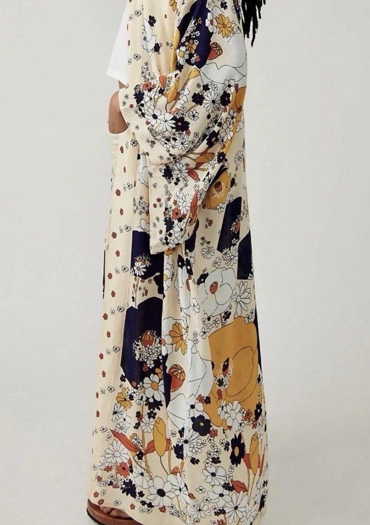 Rare Boho Free People Hidden Hills Maxi Duster Kimona Cardigan Floral Ivory OS