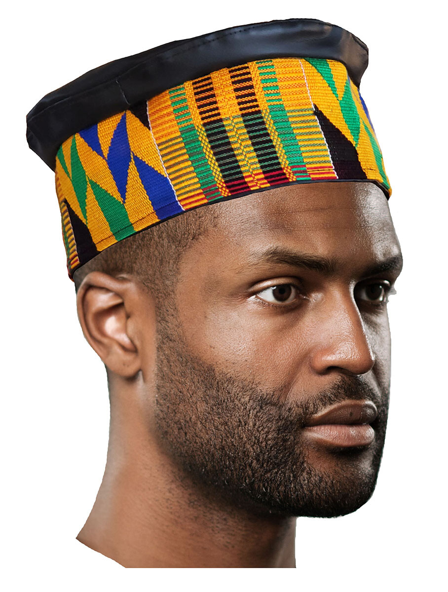Akwaaba African Hand Woven Kente Kufi Hat with Faux Leather