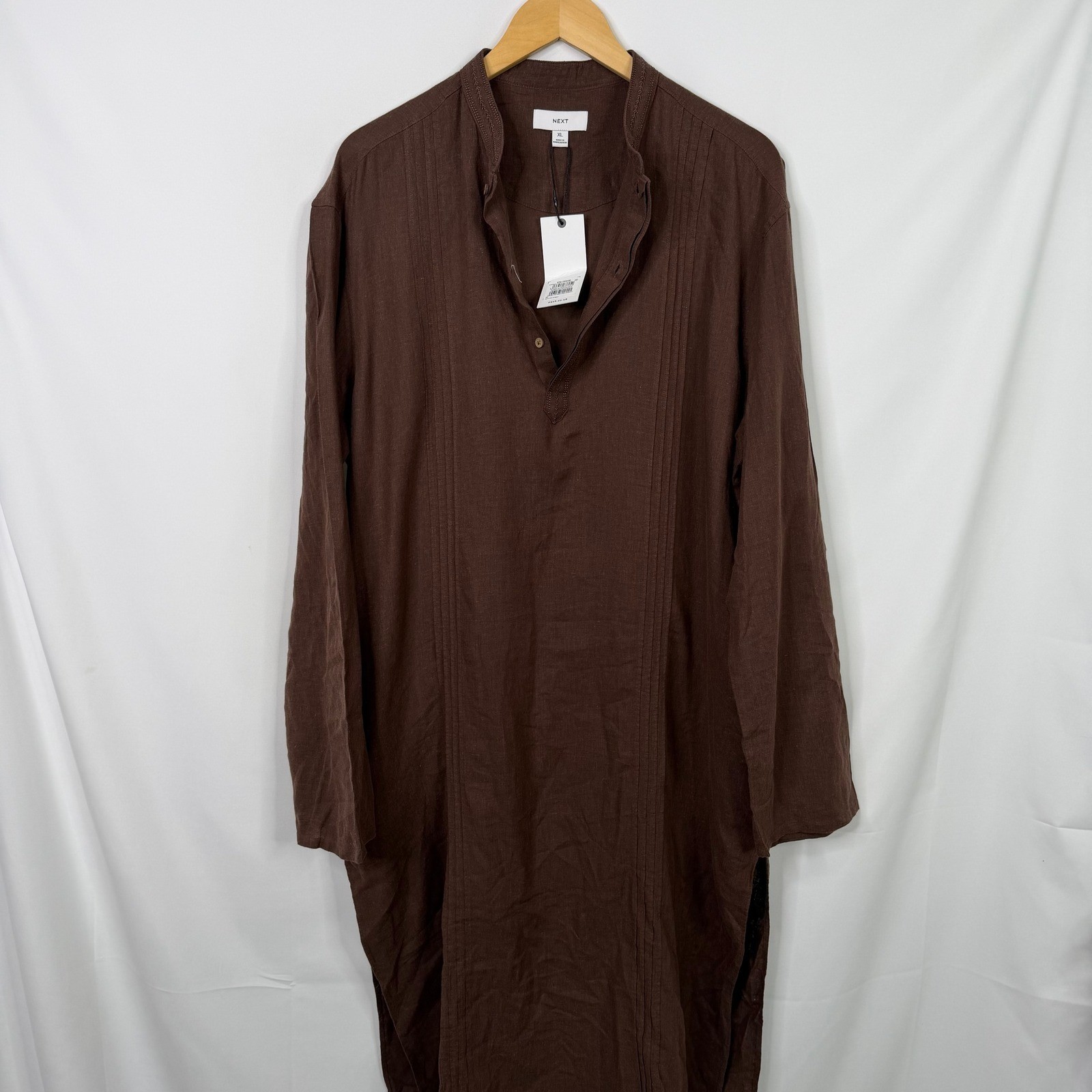 Next Mens Brown Linen Blend Pin-Tuck Longline Kurta Shirt XL NWT