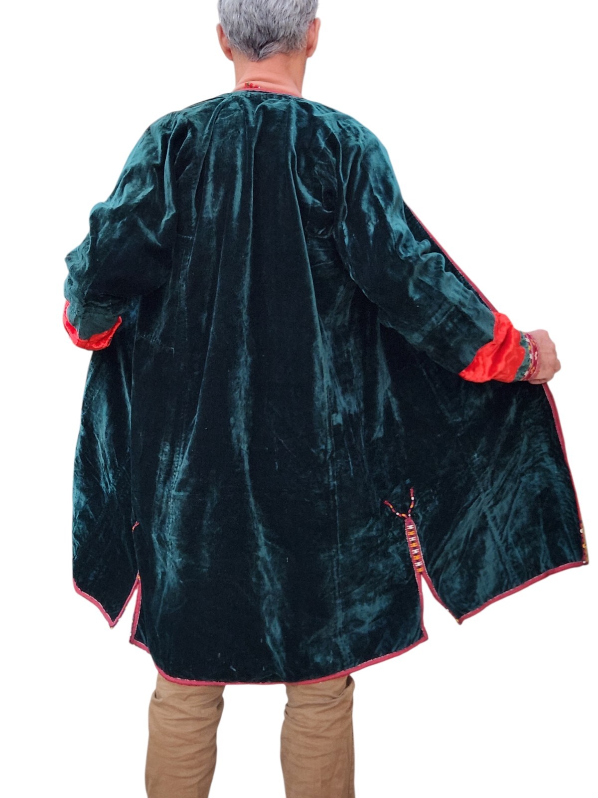 Vintage Turkmen Velvet Green Red Embroidered Chapan, Kaftan Robe (M/L ?)
