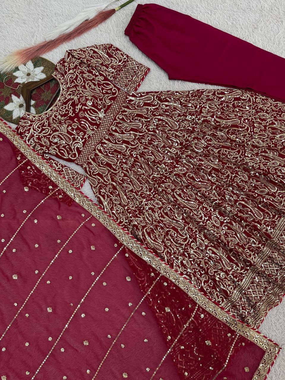 Maroon Anarkali Gown Pakistani Dress Salwar Kameez Ready To Wear Wedding Party L