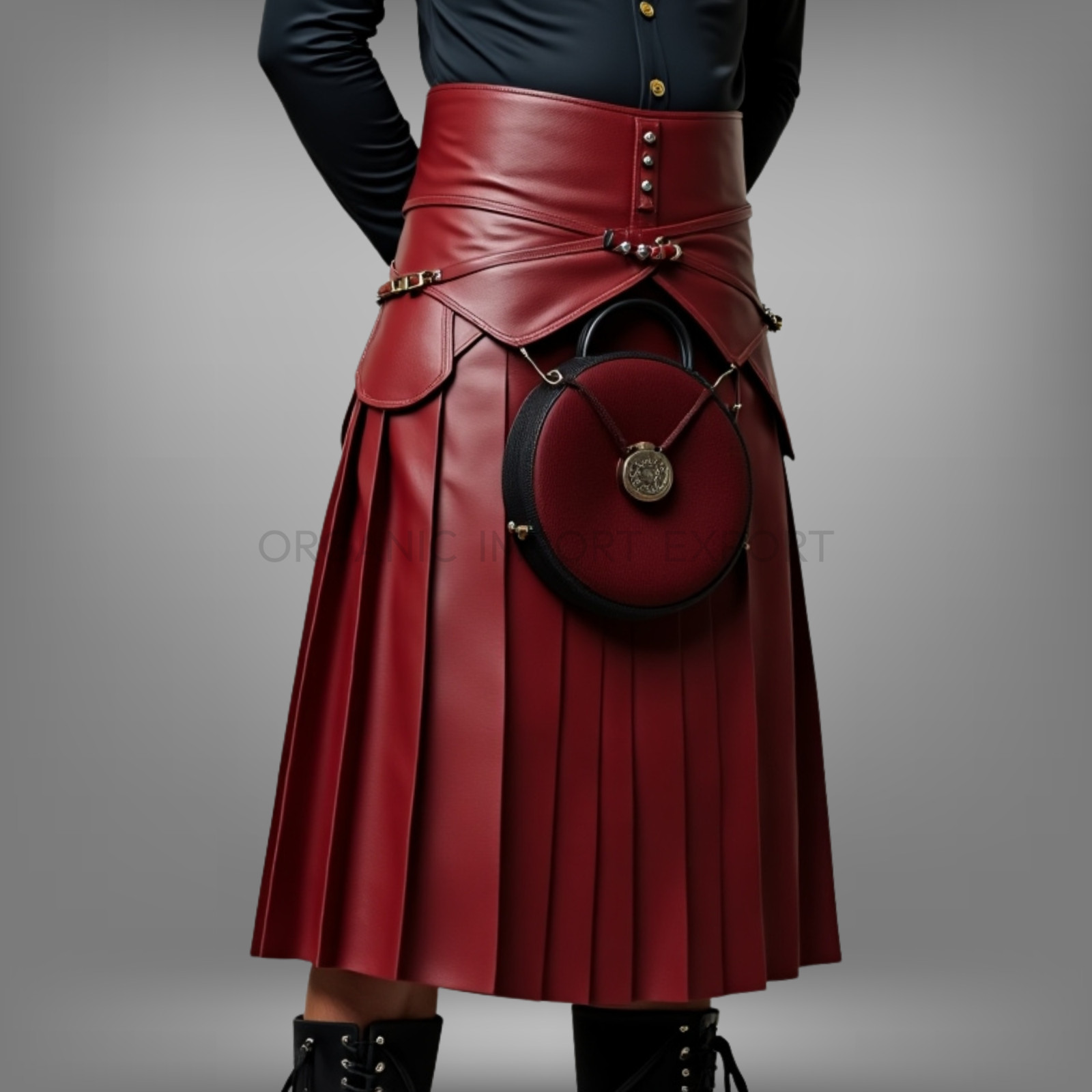 Men’s Red Leather Kilt Warrior Style Pleated Skirt Gothic Steampunk Outfit