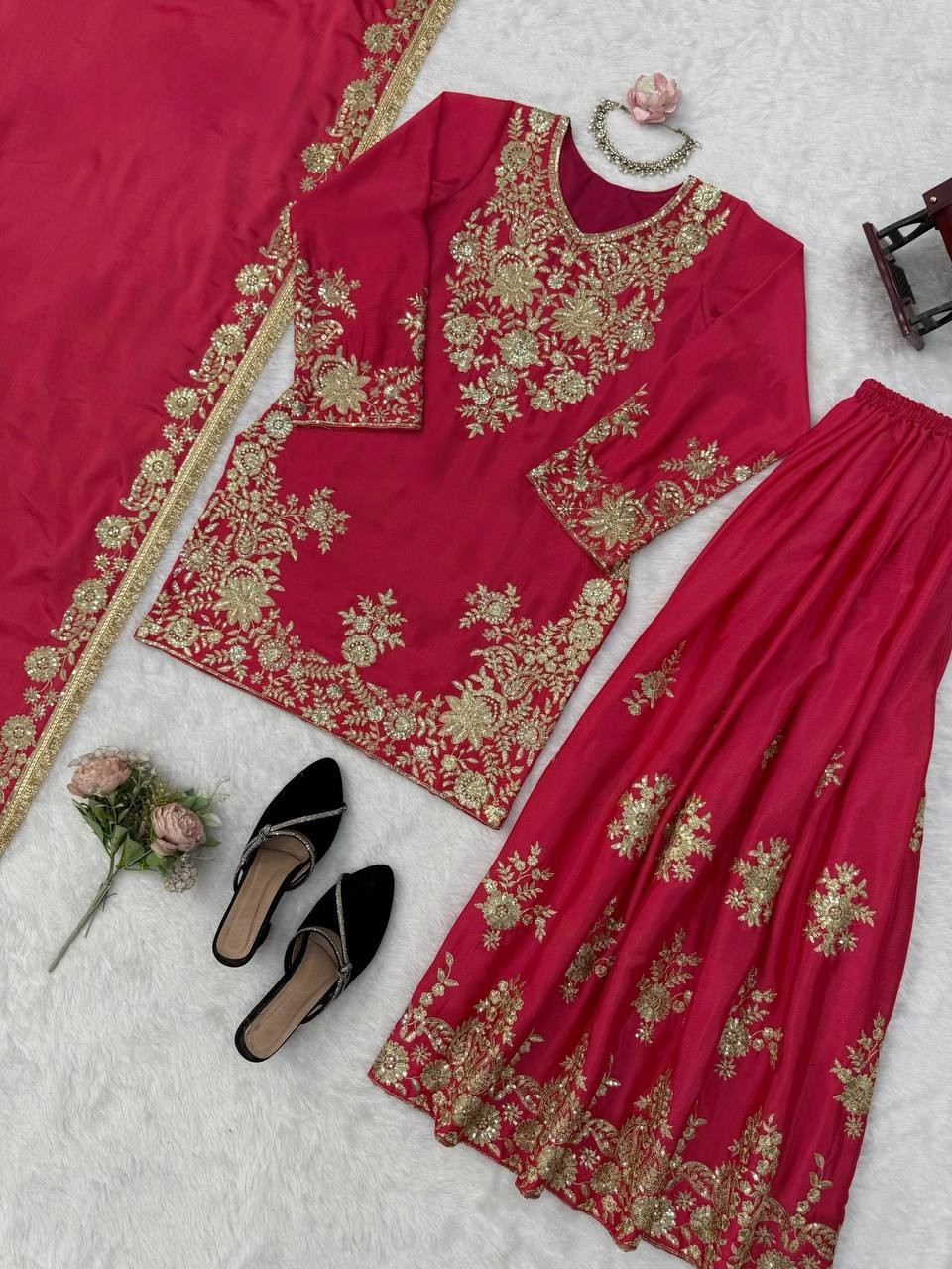 Latest New Chinon Silk Pink Top Palazzo With Dupatta For Wedding Wear