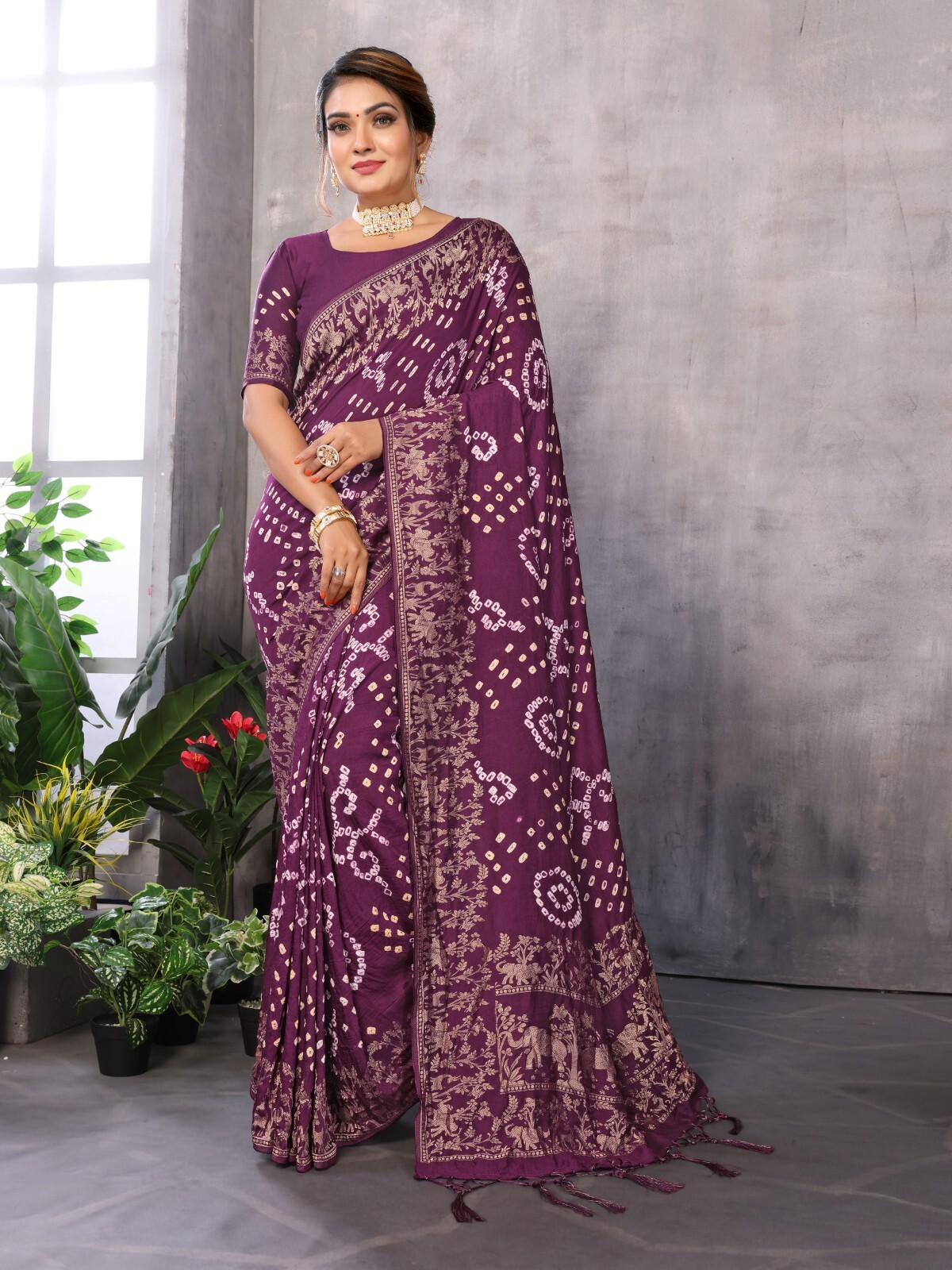 Purple Bandhej Bandhani Misco Pure Gaji Patola Chex Bandhani Saree With Blouse