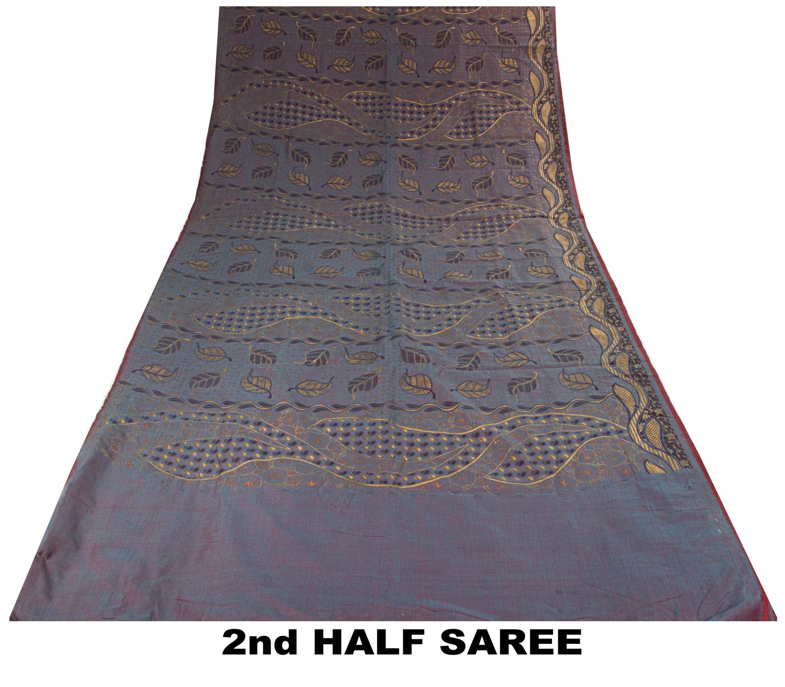 Sanskriti Vintage Saree Grayish Blue Blend Cotton Golden Paint Craft Fabric Sari