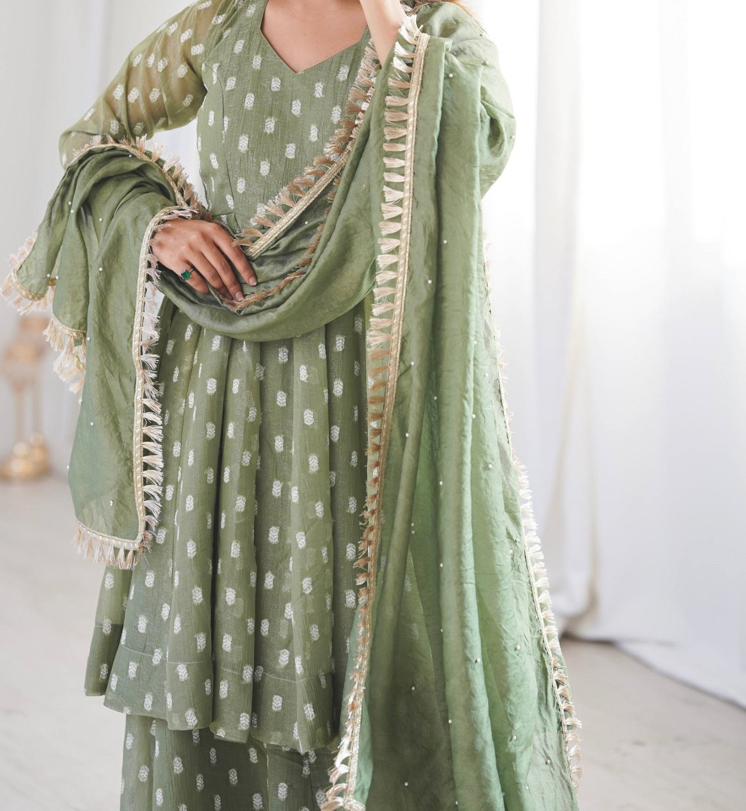 Stylish Heavy Crunchy Silk Green Top Palazzo With Dupatta For Wedding Wear