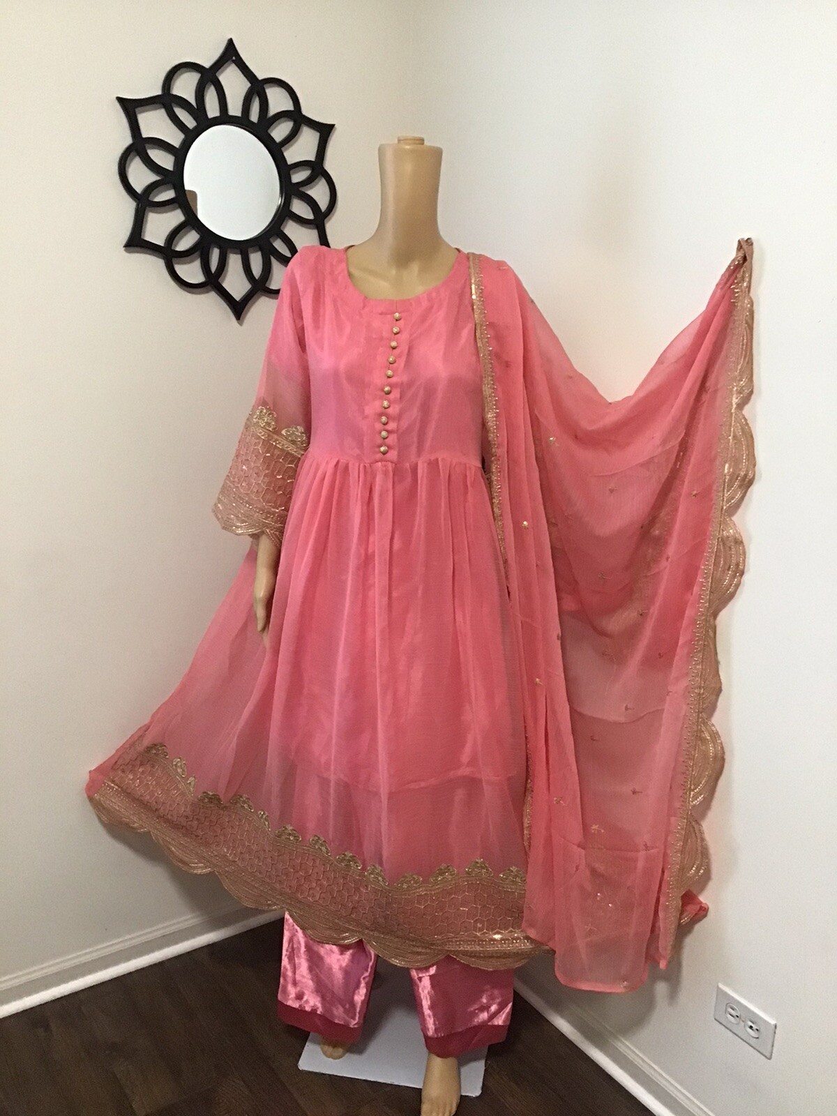 PAKISTANI INDIAN Anarkali TRENDY FANCY SALWAR KAMEEZ MEDIUM PINK EMBROIDERED