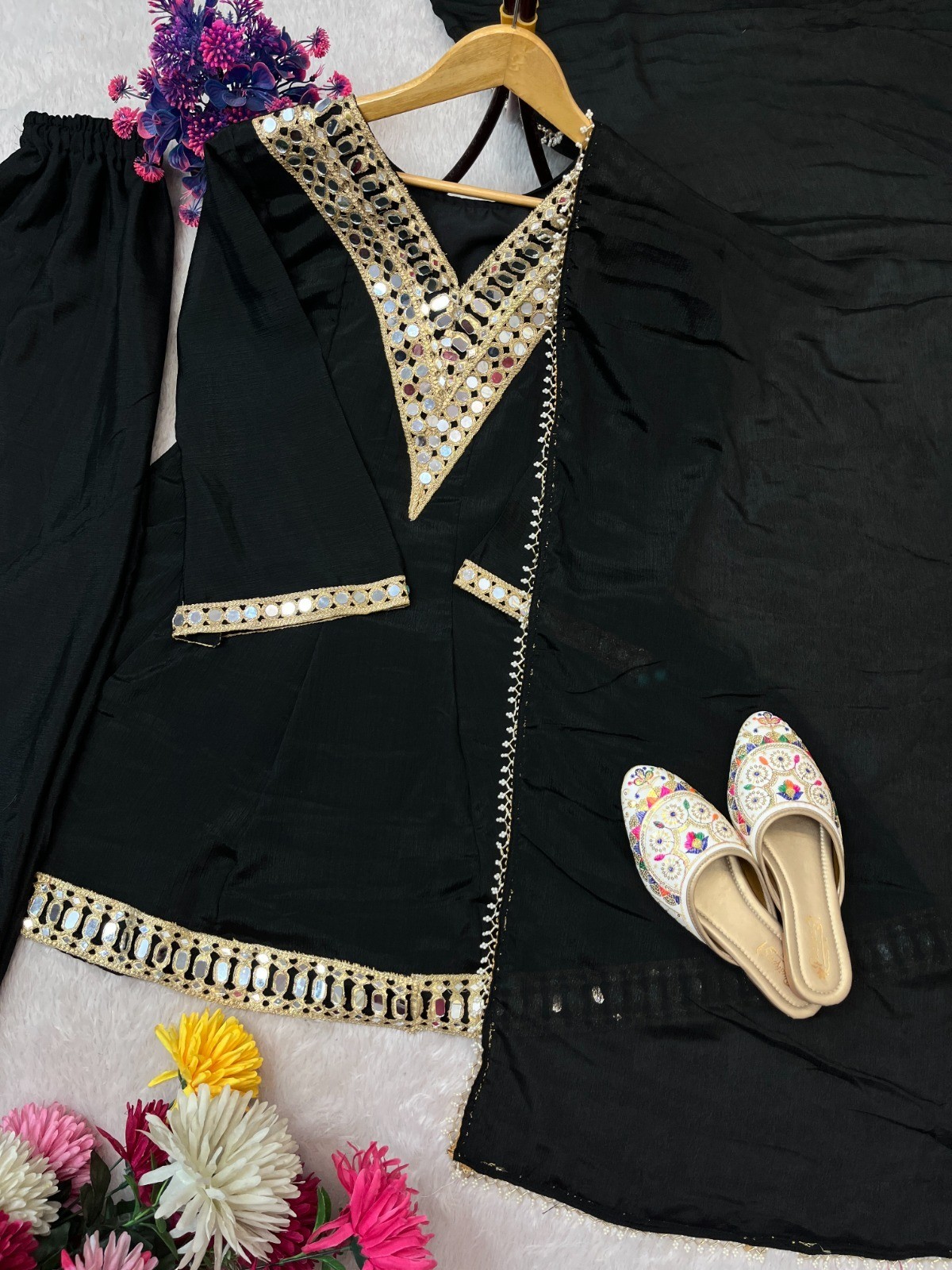 FESTIVAL SPECIAL REAL MIRROR WORK ON SILK FABRIC TOP AND PLAZZO WITH DUPATTA SET